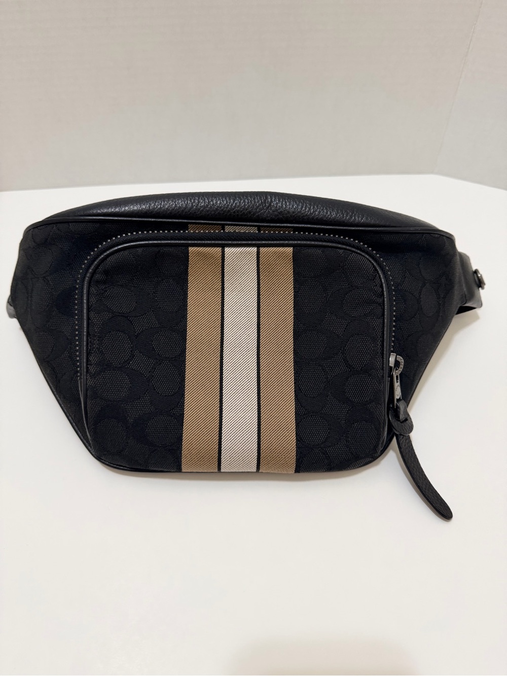 Coach Black Belt Bag with Tan and Cream Center Stripes